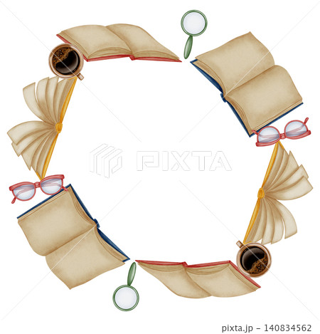Watercolor hand drawn frame with vintage books, glasses, coffee cups and magnifier. Round wreath for back to school, university, reading club, library, education design Watercolor hand drawn frame with vintage books, glasses, coffee cups and magnifier. Round wreath for back to school, university, reading club, library, education design 140834562