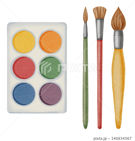 Watercolor paint palette and art brushes illustration set. Hand drawn artist painting tools and colorful pigments for school art class, creativity, and education concept design. Watercolor paint palette and art brushes illustration set. Hand drawn artist painting tools and colorful pigments for school art class, creativity, and education concept design. 140834567