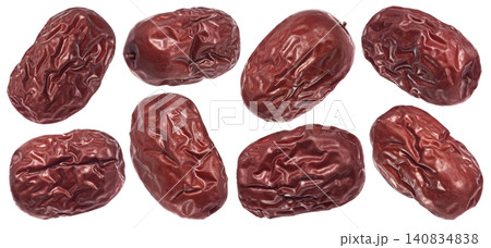 Red jujube dates isolated on white background, falling dried fruit collection, full depth of field Red jujube dates isolated on white background, falling dried fruit collection, full depth of field 140834838
