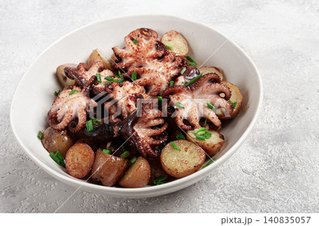 baby grilled octopus with golden baked potatoes and fresh herbs, Maltese cuisine, homemade, no people, baby grilled octopus with golden baked potatoes and fresh herbs, Maltese cuisine, homemade, no people, 140835057