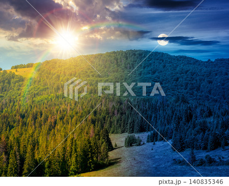 fir trees on a meadow down the will to coniferous forest in mountains. day meet night. sun and moon over nature background of carpathian mountain landscape for summer tourism or astrology wallpaper fir trees on a meadow down the will to coniferous forest in mountains. day meet night. sun and moon over nature background of carpathian mountain landscape for summer tourism or astrology wallpaper 140835346