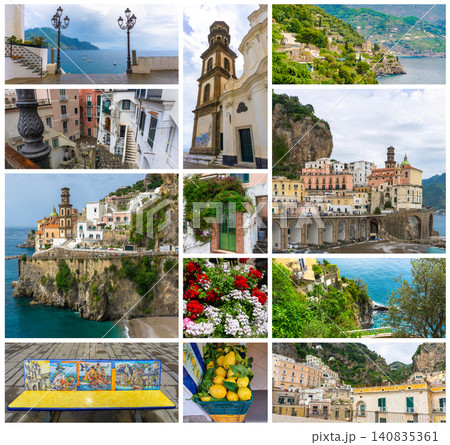Atrani, Italy along the Amalfi Coast at dusk - collage Atrani, Italy along the Amalfi Coast at dusk - collage 140835361