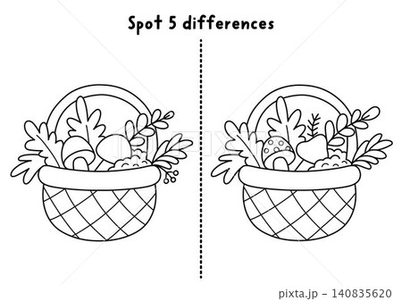 Forest black and white find differences game for children with basket with mushrooms, leaves. Woodland educational line activity. Puzzle for kids. Printable worksheet, coloring page Forest black and white find differences game for children with basket with mushrooms, leaves. Woodland educational line activity. Puzzle for kids. Printable worksheet, coloring page 140835620