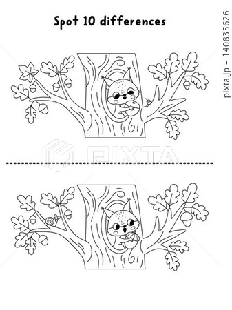 Forest black and white find differences game with squirrel in oak tree hollow with acorn. Woodland line activity with animal. Puzzle for kids with cute scene. Printable worksheet, coloring page 140835626