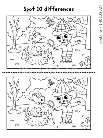 Forest black and white find differences game with boy looking on hedgehog on tree stump. Woodland line activity with animal. Puzzle for kids with cute scene. Printable worksheet, coloring page Forest black and white find differences game with boy looking on hedgehog on tree stump. Woodland line activity with animal. Puzzle for kids with cute scene. Printable worksheet, coloring page 140835627