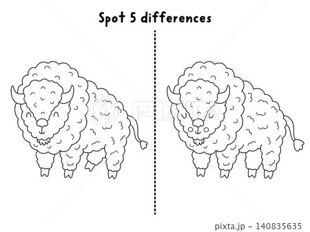 Forest black and white find differences game for children with bison. Woodland educational line activity with cute animal. Puzzle for kids with funny character. Printable worksheet, coloring page 140835635