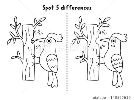 Forest black and white find differences game for children with woodpecker. Woodland educational line activity with cute animal. Puzzle for kids with bird character. Printable worksheet, coloring page Forest black and white find differences game for children with woodpecker. Woodland educational line activity with cute animal. Puzzle for kids with bird character. Printable worksheet, coloring page 140835639
