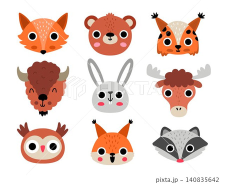 Vector cartoon forest animals faces set. Funny bear, fox, lynx, elk, raccoon head clipart. Cute rabbit, owl, squirrel muzzle icon for kids. Woodland elements collection. Wildlife illustration Vector cartoon forest animals faces set. Funny bear, fox, lynx, elk, raccoon head clipart. Cute rabbit, owl, squirrel muzzle icon for kids. Woodland elements collection. Wildlife illustration 140835642