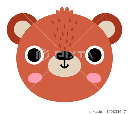 Vector cartoon bear face isolated on white background. Funny head clipart. Cute forest animal muzzle icon for kids. Woodland element. Wildlife illustration 140835647