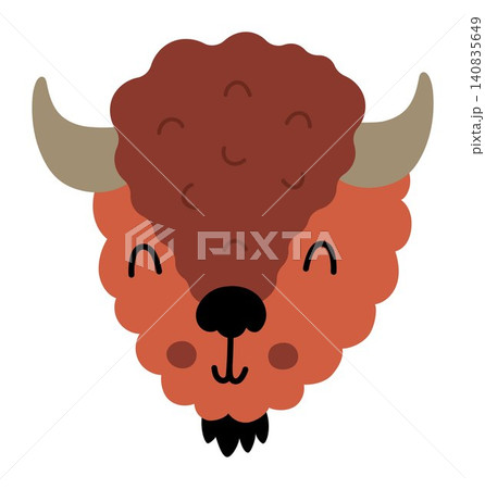 Vector cartoon bison face isolated on white background. Funny buffalo head clipart. Cute forest animal muzzle icon for kids. Woodland element. Wildlife illustration, coloring page 140835649