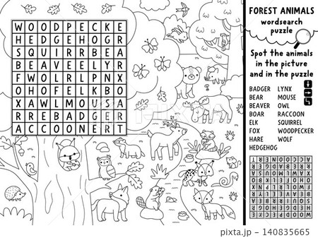 Vector forest animals black and white word search puzzle for kids. Wordsearch line quiz with woodland scene. Wildlife cross word activity, coloring page with nature landscape, deer, bear, owl, bear Vector forest animals black and white word search puzzle for kids. Wordsearch line quiz with woodland scene. Wildlife cross word activity, coloring page with nature landscape, deer, bear, owl, bear 140835665