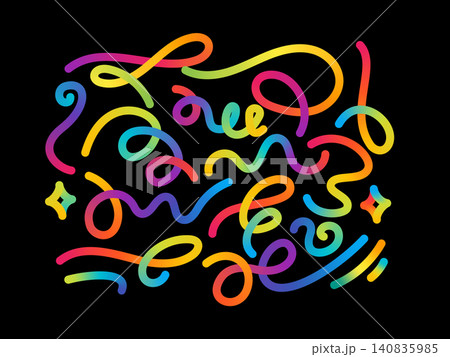 abstract rainbow neon fluid doodle lines on black background 140835985