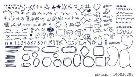 Hand Drawn Doodle Elements Set. Speech Bubbles, Frames, Arrows, Stars. Isolated Outline Scribble Hearts, Underlines, Scribbles, Sketch Symbols, Signs, Comic Design Collection. Vector Illustration. Hand Drawn Doodle Elements Set. Speech Bubbles, Frames, Arrows, Stars. Isolated Outline Scribble Hearts, Underlines, Scribbles, Sketch Symbols, Signs, Comic Design Collection. Vector Illustration. 140836295