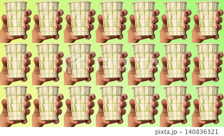 Tea time.Pattern of disposable cups with beverage in hand Tea time.Pattern of disposable cups with beverage in hand 140836321