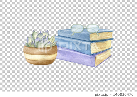 Watercolor illustration of a stack of books, reading glasses and a succulent in a pot. Hand drawn cozy clipart for education, academic aesthetic, book blog, library, learning and intellectual leisure. Watercolor illustration of a stack of books, reading glasses and a succulent in a pot. Hand drawn cozy clipart for education, academic aesthetic, book blog, library, learning and intellectual leisure. 140836476
