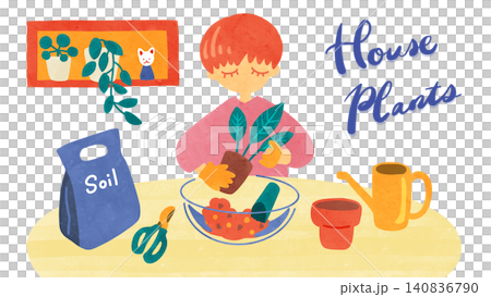 A woman repotting plants indoors - watercolor-style hand-drawn illustration A woman repotting plants indoors - watercolor-style hand-drawn illustration 140836790