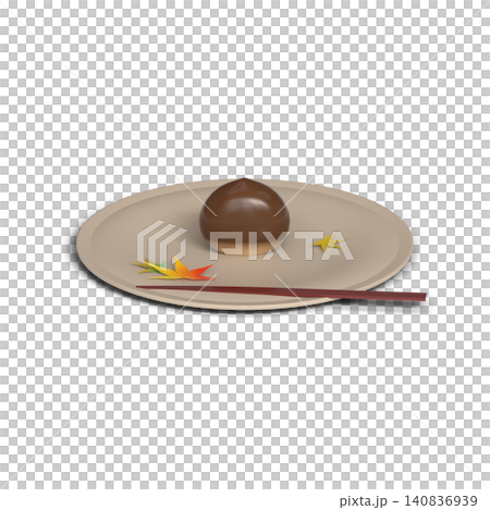 盤子上擺放著栗子味的日式甜點和秋葉,背景是透明的。 盤子上擺放著栗子味的日式甜點和秋葉,背景是透明的。 140836939