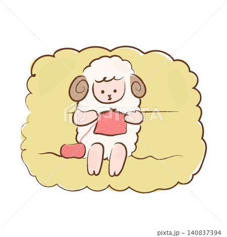 ソファーに座り編み物をしている柔らかいタッチの羊のイラスト ソファーに座り編み物をしている柔らかいタッチの羊のイラスト 140837394