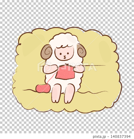 A softly drawn illustration of a sheep sitting on a sofa and knitting. A softly drawn illustration of a sheep sitting on a sofa and knitting. 140837394