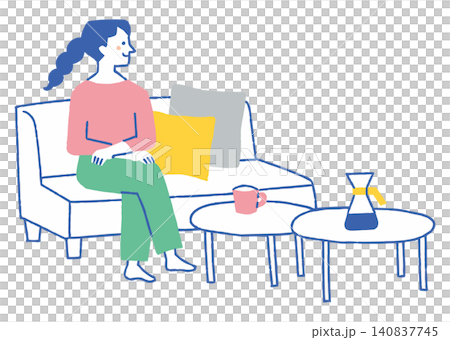 A woman relaxing on a sofa with a coffee table_color A woman relaxing on a sofa with a coffee table_color 140837745