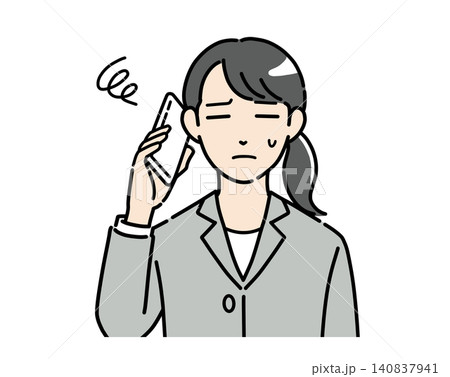 スマホで通話しながら困っているスーツ姿の若い女性のイラスト カラー スマホで通話しながら困っているスーツ姿の若い女性のイラスト カラー 140837941
