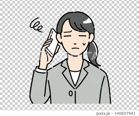スマホで通話しながら困っているスーツ姿の若い女性のイラスト カラー スマホで通話しながら困っているスーツ姿の若い女性のイラスト カラー 140837941