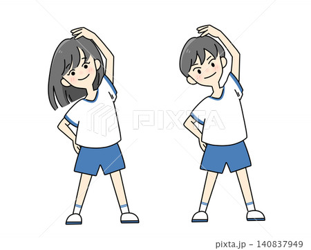 仲良くラジオ体操をする女の子と男の子のペア 仲良くラジオ体操をする女の子と男の子のペア 140837949