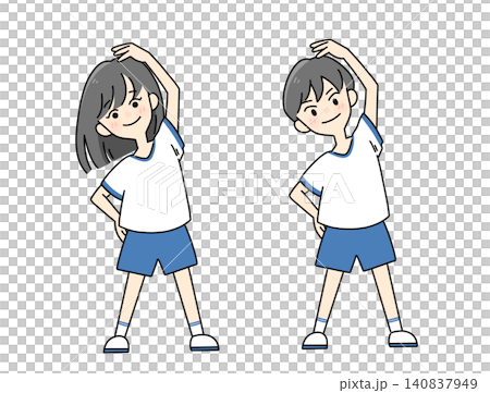 仲良くラジオ体操をする女の子と男の子のペア 仲良くラジオ体操をする女の子と男の子のペア 140837949