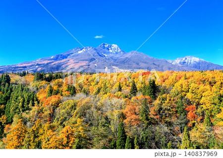 信越大橋より望む妙高高原の紅葉と妙高山 140837969