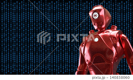 Red Humanoid Robot With Digital Binary Background 3d render. Red Humanoid Robot With Digital Binary Background 3d render. 140838060
