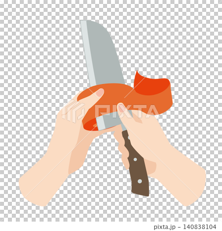 A hand peeling a carrot with a knife A hand peeling a carrot with a knife 140838104