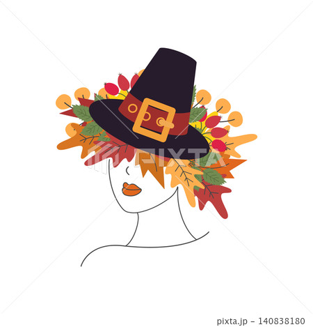 Stylized Female contour in a pilgrim hat with autumn leaf crown Minimalist Flat Design Thanksgiving. Isolated Vector illustration Greeting Thematic Cards design, poster, party invite or print material 140838180