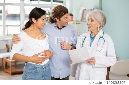 Elderly doctor discussing medical tests with happy couple in medical office Elderly doctor discussing medical tests with happy couple in medical office 140838305