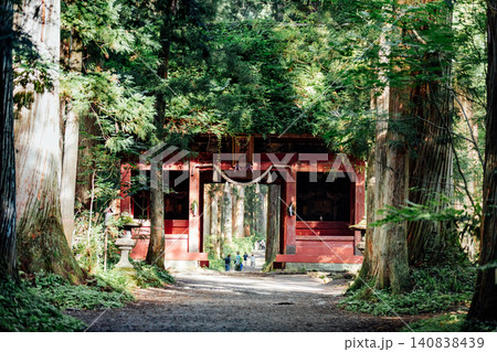 【長野市戸隠】戸隠神社奥社　随神門と杉並木の風景 140838439