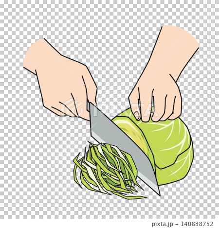 一隻手正用刀切高麗菜。 一隻手正用刀切高麗菜。 140838752
