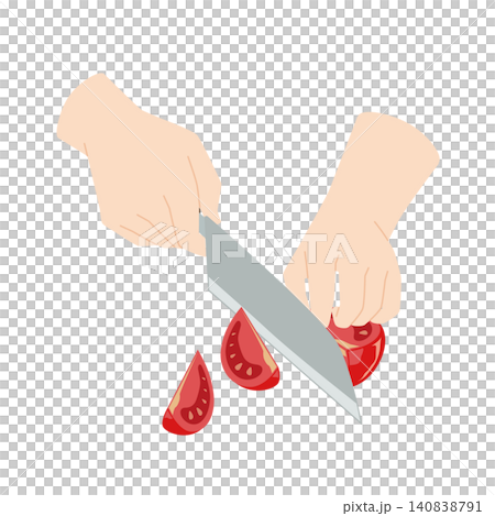 A hand cutting a tomato with a knife A hand cutting a tomato with a knife 140838791