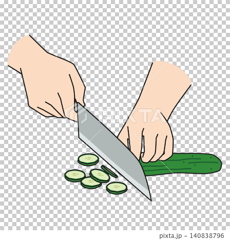 A hand cutting a cucumber with a knife A hand cutting a cucumber with a knife 140838796