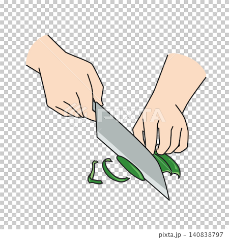 Hands cutting bell peppers with a knife Hands cutting bell peppers with a knife 140838797