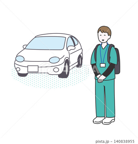車で患者の自宅に訪問した笑顔の看護師のイメージイラスト 車で患者の自宅に訪問した笑顔の看護師のイメージイラスト 140838955