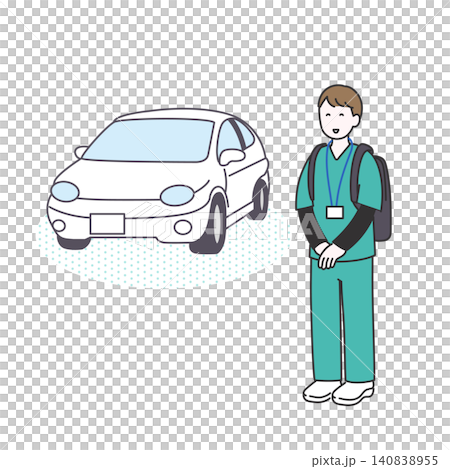 車で患者の自宅に訪問した笑顔の看護師のイメージイラスト 車で患者の自宅に訪問した笑顔の看護師のイメージイラスト 140838955
