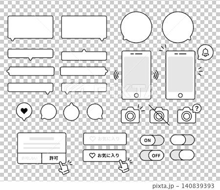 スマートフォンのUIパーツと吹き出しのシンプルな線画アイコンイラストセット スマートフォンのUIパーツと吹き出しのシンプルな線画アイコンイラストセット 140839393