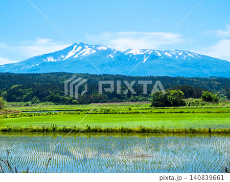 鳥海山と九十九島の水田(秋田県にかほ市) 鳥海山と九十九島の水田(秋田県にかほ市) 140839661