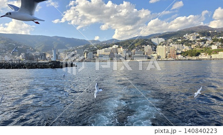 船上から眺めるカモメと海辺の街並み 船上から眺めるカモメと海辺の街並み 140840223
