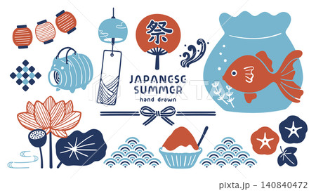 夏の和素材セット 金魚や風鈴と和風イラスト 140840472
