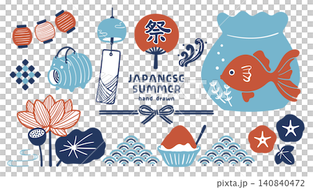 夏の和素材セット 金魚や風鈴と和風イラスト 140840472