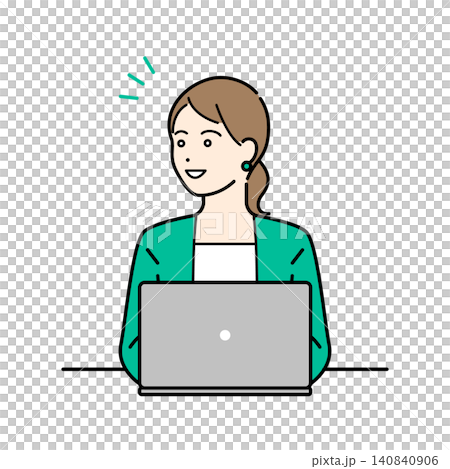 パソコン作業中のビジネススーツ着用の女性のシンプルな上半身ベクターイラスト 140840906