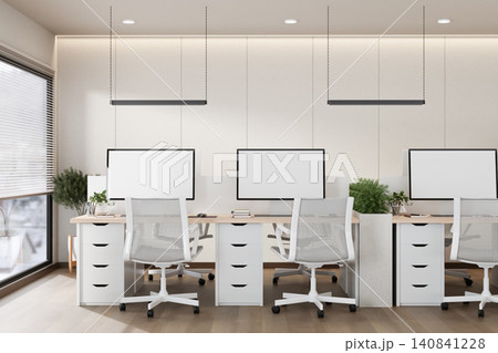 Modern open office workspace with desktop computers Modern open office workspace with desktop computers 140841228