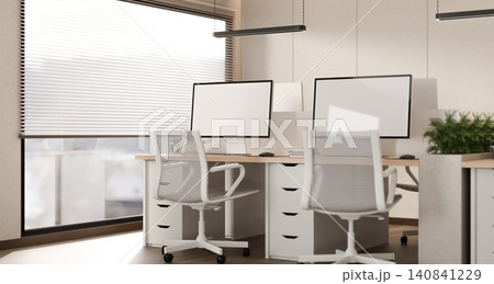Contemporary office desks with computers and natural daylight Contemporary office desks with computers and natural daylight 140841229