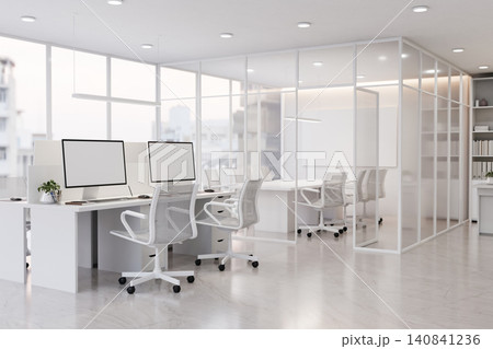 Bright Modern Office Interior with Glass Meeting Room and Minimal Workspace Design Bright Modern Office Interior with Glass Meeting Room and Minimal Workspace Design 140841236