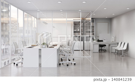Modern Corporate Office Interior with Glass Partitions and Collaborative Workspace Modern Corporate Office Interior with Glass Partitions and Collaborative Workspace 140841239